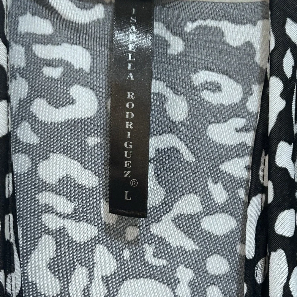 Isabella Rodriguez L Black White Print Open Front Swing Cardigan Waterfall Hem